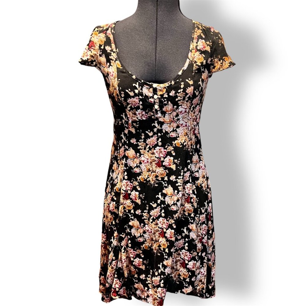 Denim & Supply Ralph Lauren Floral Print Dress Sz 2 Short Sleeve Black Blk